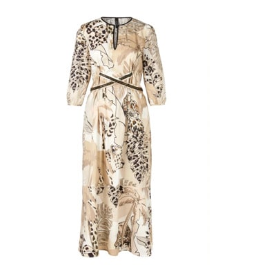 Empiretaille jurk met tropische flora en fauna Marc Cain , Beige , Dames