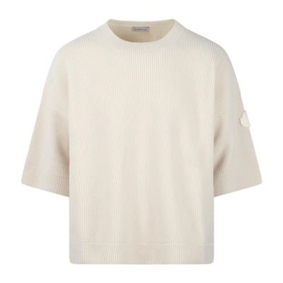 Gebreide Wollen Trui met Logo Patch Moncler , Beige , Heren