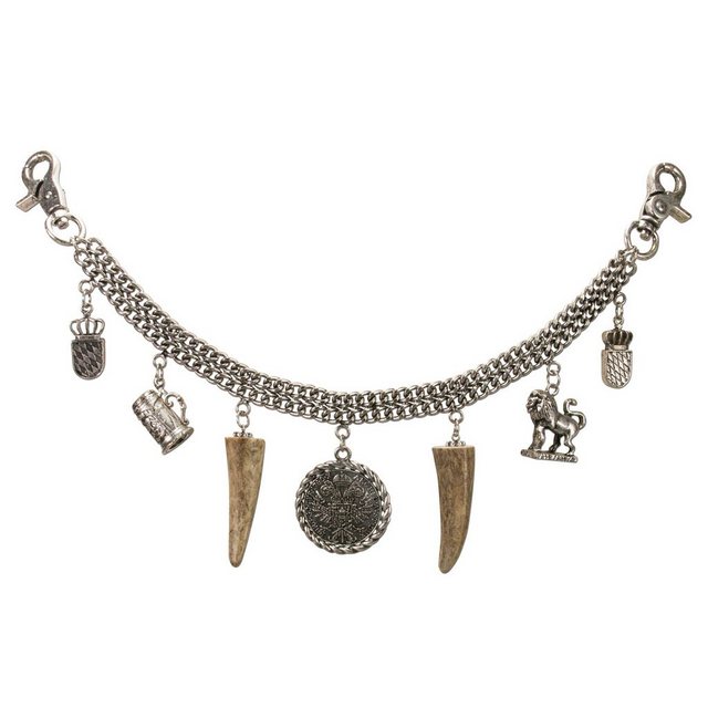 Alpenflüstern Kette mit Anhänger Trachten-Charivari Alois (antik-silber-farben), - Hochwertiger Herren-Trachtenschmuck mit Trophäen-Anhängern für die Lederhose, echtes Hirschhorn