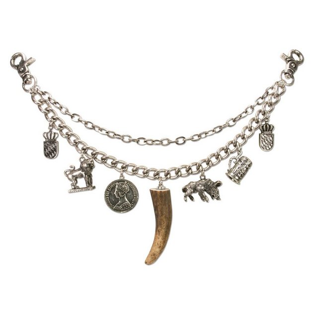 Alpenflüstern Kette mit Anhänger Trachten-Charivari Gustl (antik-silber-farben), - Hochwertiger Herren-Trachtenschmuck mit Trophäen-Anhängern für die Lederhose, echtes Hirschhorn