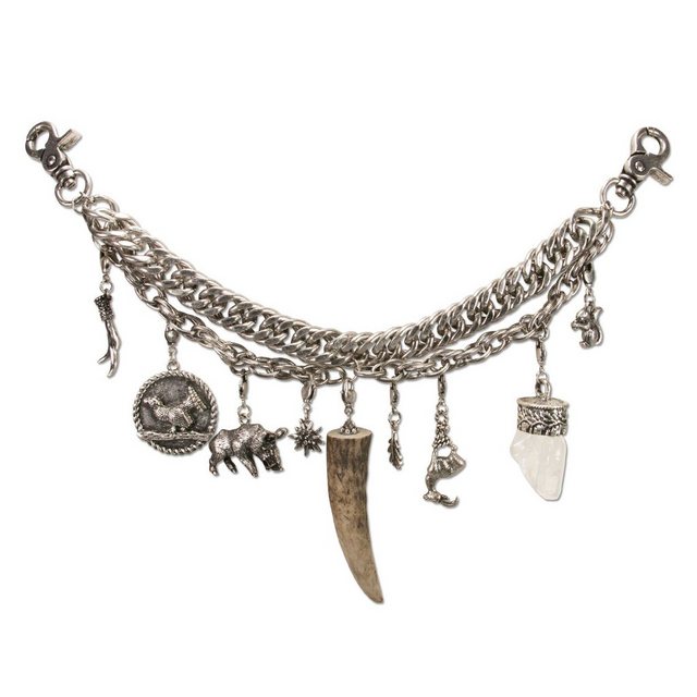 Alpenflüstern Kette mit Anhänger Trachten-Charivari Ludwig (antik-silber-farben), - Hochwertiger Herren-Trachtenschmuck mit Trophäen-Anhängern für die Lederhose, echtes Hirschhorn und Bergkristall