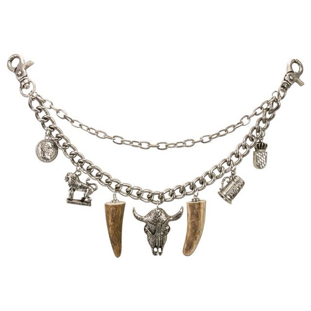 Alpenflüstern Kette mit Anhänger Trachten-Charivari Stierkopf (antik-silber-farben), - Hochwertiger Herren-Trachtenschmuck mit Trophäen-Anhängern für die Lederhose, echtes Hirschhorn
