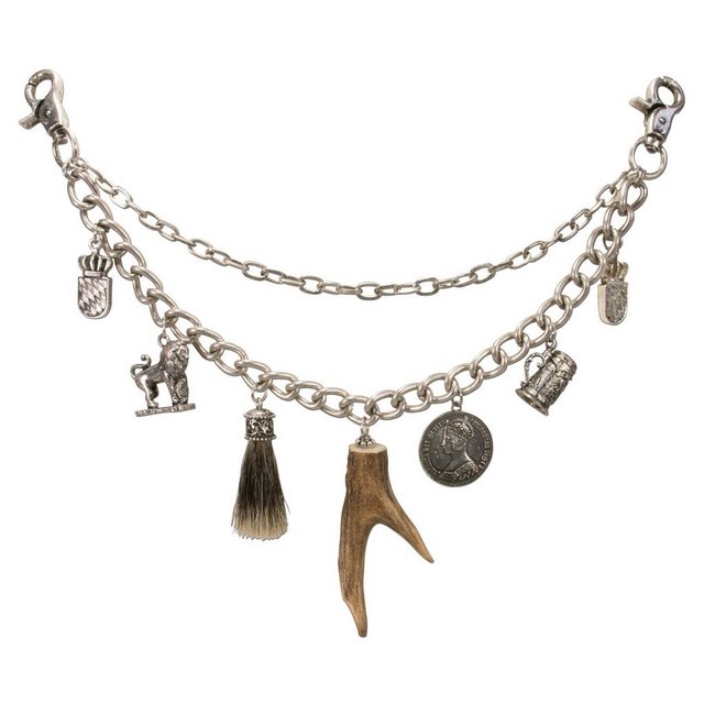 Alpenflüstern Kette mit Anhänger Trachten-Charivari Xaver (antik-silber-farben), - Hochwertiger Herren-Trachtenschmuck mit Trophäen-Anhängern für die Lederhose, echtes Hirschhorn
