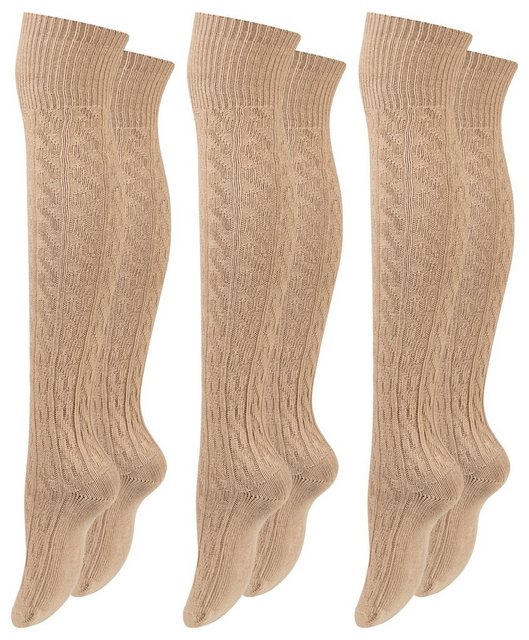 Paolo Renzo Overknees mit Zopfmuster aus hochwertiger Baumwolle (3-Paar, breiter Pique-Komfortbund) Atmungsaktive Damen Overknee Strümpfe - Uni - Einheitsgröße