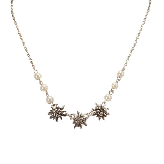 Alpenflüstern Collier Metall-Trachtenkette Strass-Edelweiss Triologie (antik-silber-farben), - Damen-Trachtenschmuck Dirndlkette