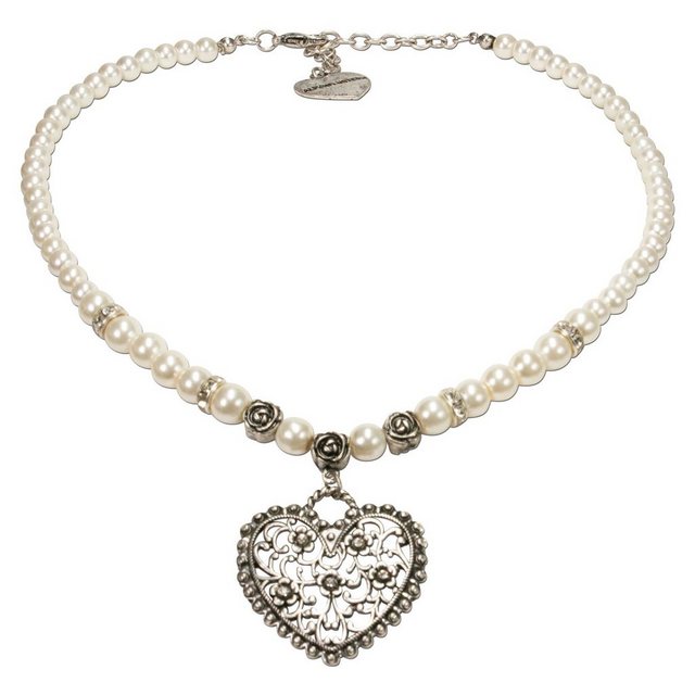 Alpenflüstern Collier Perlen-Trachtenkette Blüten-Herz (creme-weiß), - Damen-Trachtenschmuck mit Strass-Trachtenherz, Dirndlkette