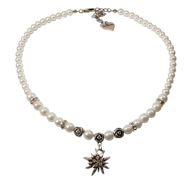 Alpenflüstern Collier Perlen-Trachtenkette Fiona mit Strass-Edelweiß klein (creme-weiß), - Damen-Trachtenschmuck Dirndlkette
