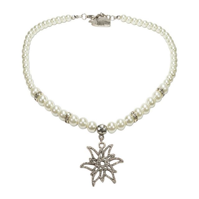 Alpenflüstern Collier Perlen-Trachtenkette Glitzer-Edelweiß (creme-weiß), - Damen-Trachtenschmuck mit mit filigranem Strass-Edelweiß, elegante Dirndlkette