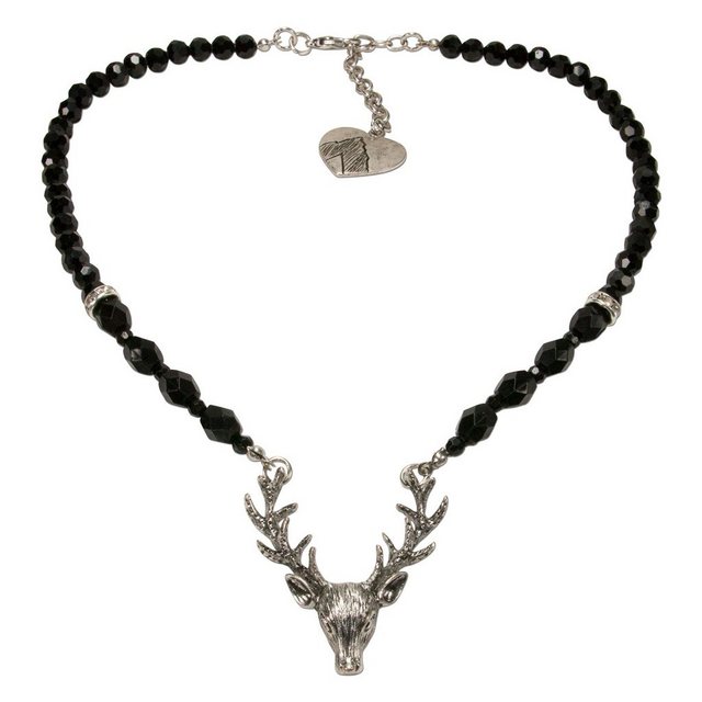 Alpenflüstern Collier Perlen-Trachtenkette Hirsch (schwarz), - Damen-Trachtenschmuck mit Hirsch-Geweih, elegante Dirndlkette