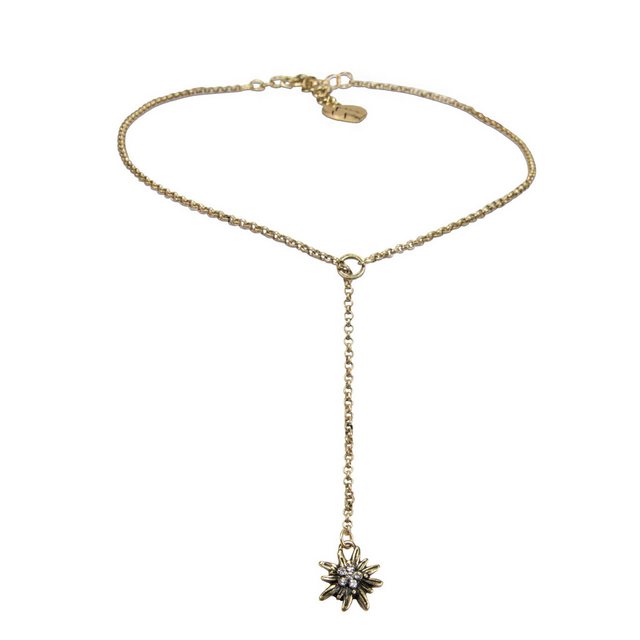 Alpenflüstern Collier Trachten-Y-Halskette Strass-Edelweiß (antik-gold-farben), - Damen-Trachtenschmuck Dirndlkette