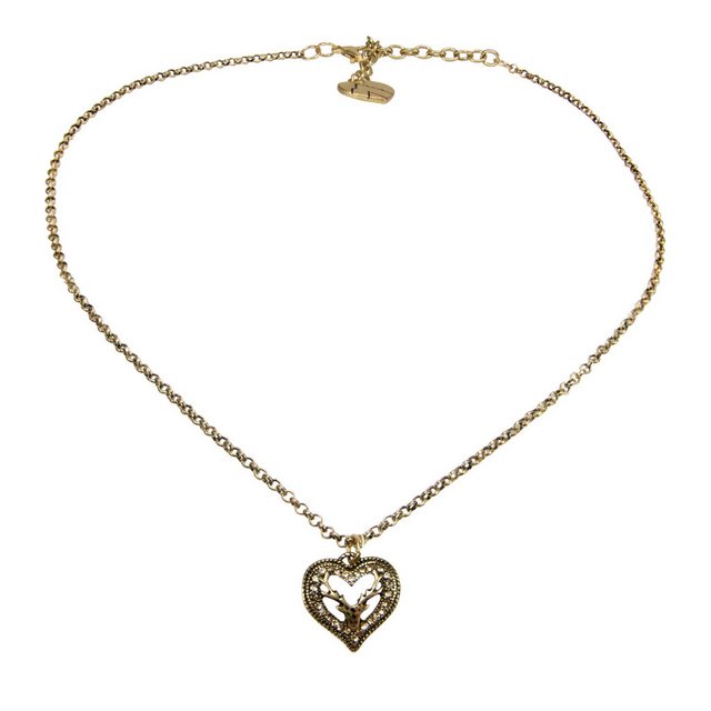 Alpenflüstern Collier Trachtenkette Metall-Halskette Strassherz-Hirsch (antik-gold-farben), - Damen-Trachtenschmuck, Dirndlkette