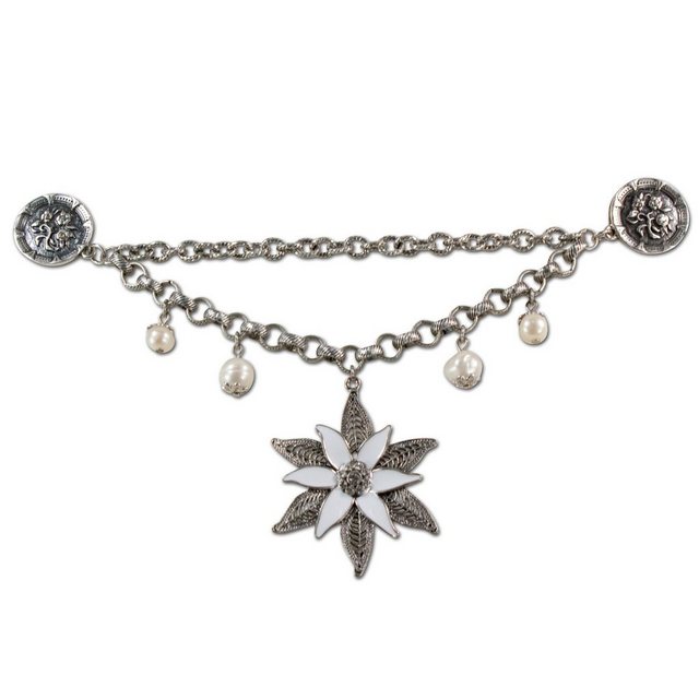 Alpenflüstern Kette mit Anhänger Dirndl-Charivari Glamour-Edelweiß mit Pin-Verschluss (antik-silber-farben), - Hochwertiger Damen-Trachtenschmuck mit Strass-Edelweiß und Perlen, Dirndlkette für die Tracht