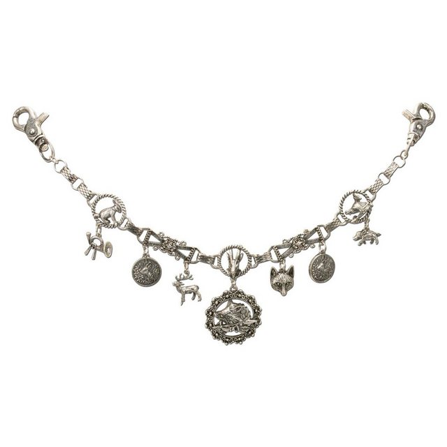 Alpenflüstern Kette mit Anhänger Trachten-Charivari Anton (antik-silber-farben), - Hochwertiger Herren-Trachtenschmuck mit Trophäen-Anhängern für die Lederhose