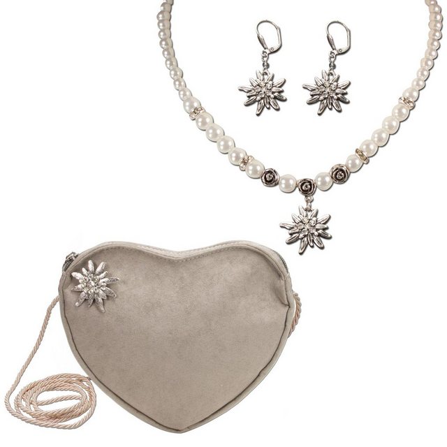 Alpenflüstern Ketten-Set Trachtenset Perlen-Trachtenkette, Trachten-Ohrhänger und Herztasche Strass-Edelweiß (taupe-braun), - Damen-Trachten-Schmuck, Trachtenkette, Ohrringe und Tasche