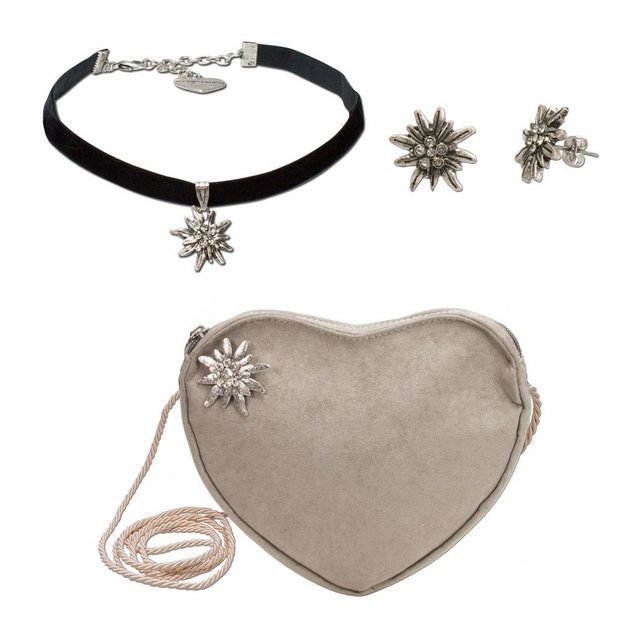 Alpenflüstern Ketten-Set Trachtenset Trachten-Samt-Kropfband, Ohrstecker und Herztasche Strass-Edelweiß (taupe-braun), - Damen-Trachten-Schmuck und Tasche, Trachtenkette, Ohrringe und Tasche