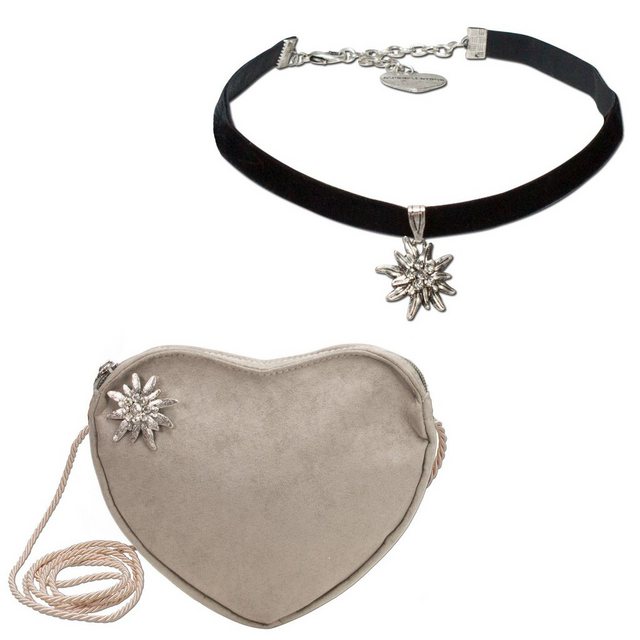 Alpenflüstern Ketten-Set Trachtenset Trachten-Samt-Kropfband und Herztasche Strass-Edelweiß (taupe-braun), - Damen-Trachten-Schmuck und Trachtentasche, Trachtenkette und Dirndltasche