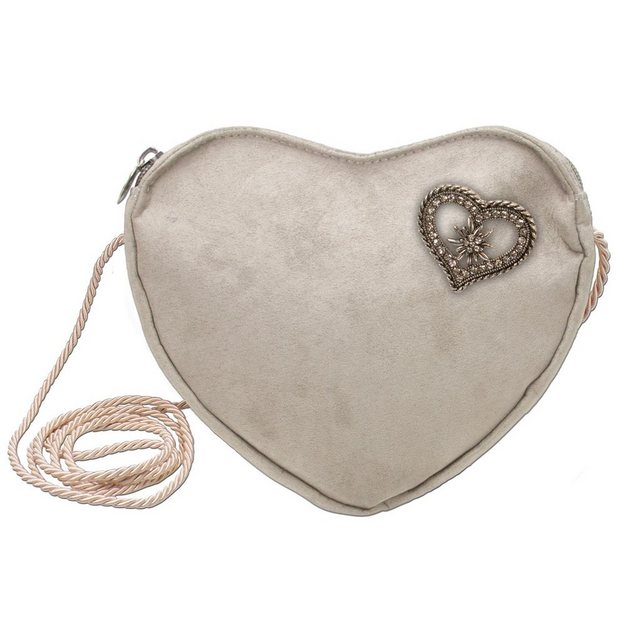Alpenflüstern Schultertasche Herztasche Strass-Edelweiß-Herz (taupe-grau), - Damen Trachtentasche in Herzform, Schultertasche fürs Dirndl, Herz Handtasche zur Tracht, Dirndltasche