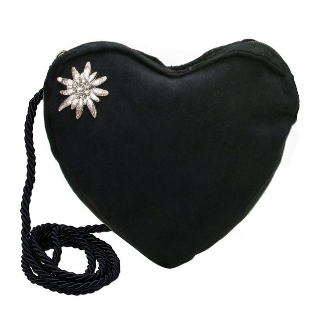 Alpenflüstern Schultertasche Herztasche Strass-Edelweiß (schwarz), - Damen Trachtentasche in Herzform, Schultertasche fürs Dirndl, Herz Handtasche zur Tracht, Dirndltasche