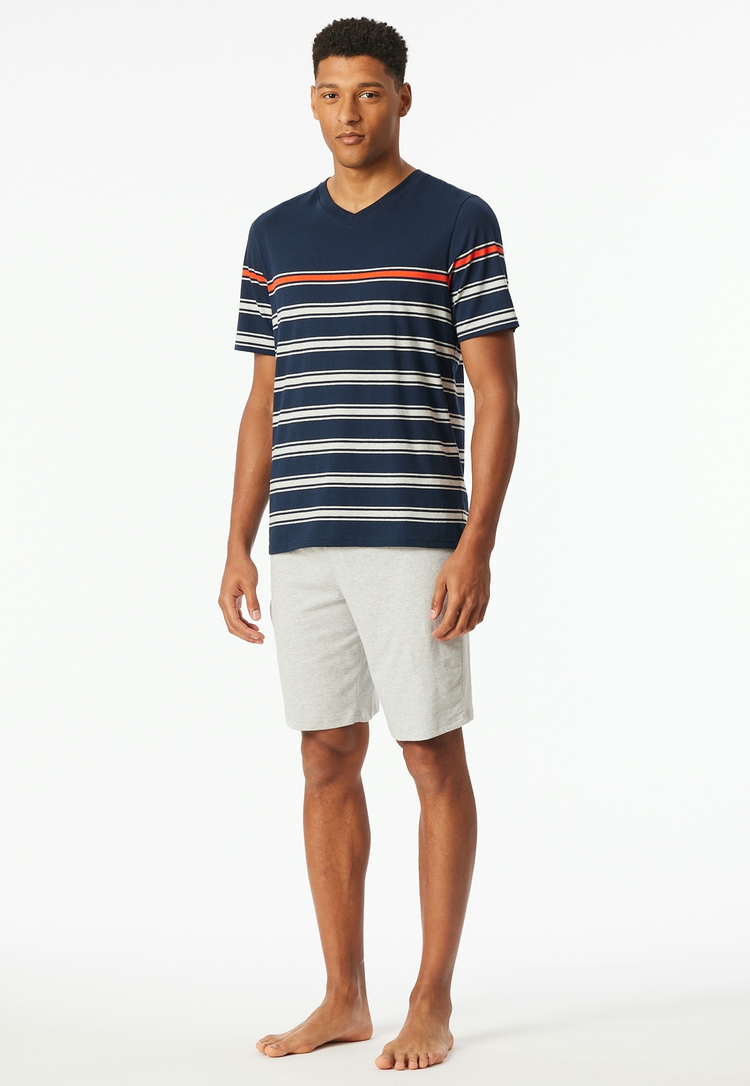 Schiesser Shorty ""Casual Nightwear"", (2 tlg.), Shirt mit V-Ausschnitt und platzierten Ringeln