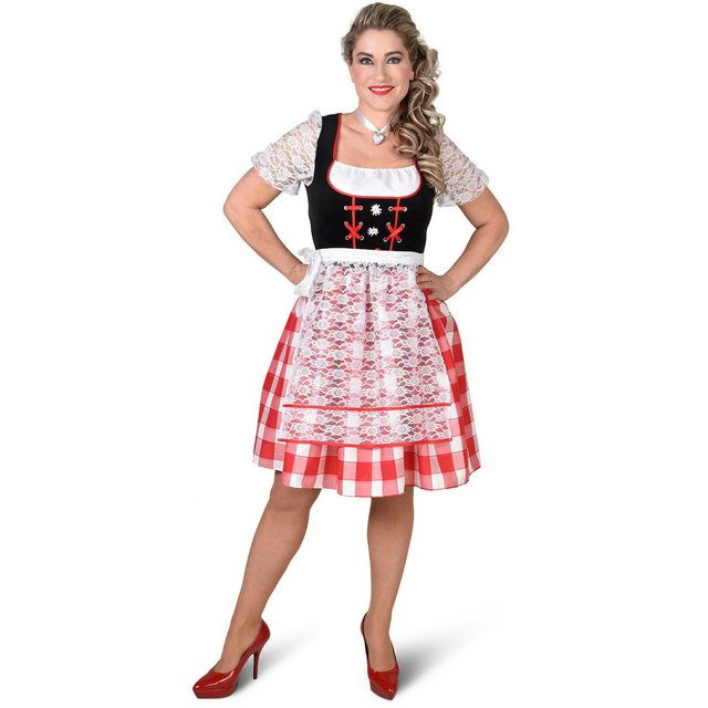 magicbyfreddy Trachten-Kostüm Dirndl Kleid Oktoberfest Wiesn Tracht Karneval Damen Rot Schwarz Weiß