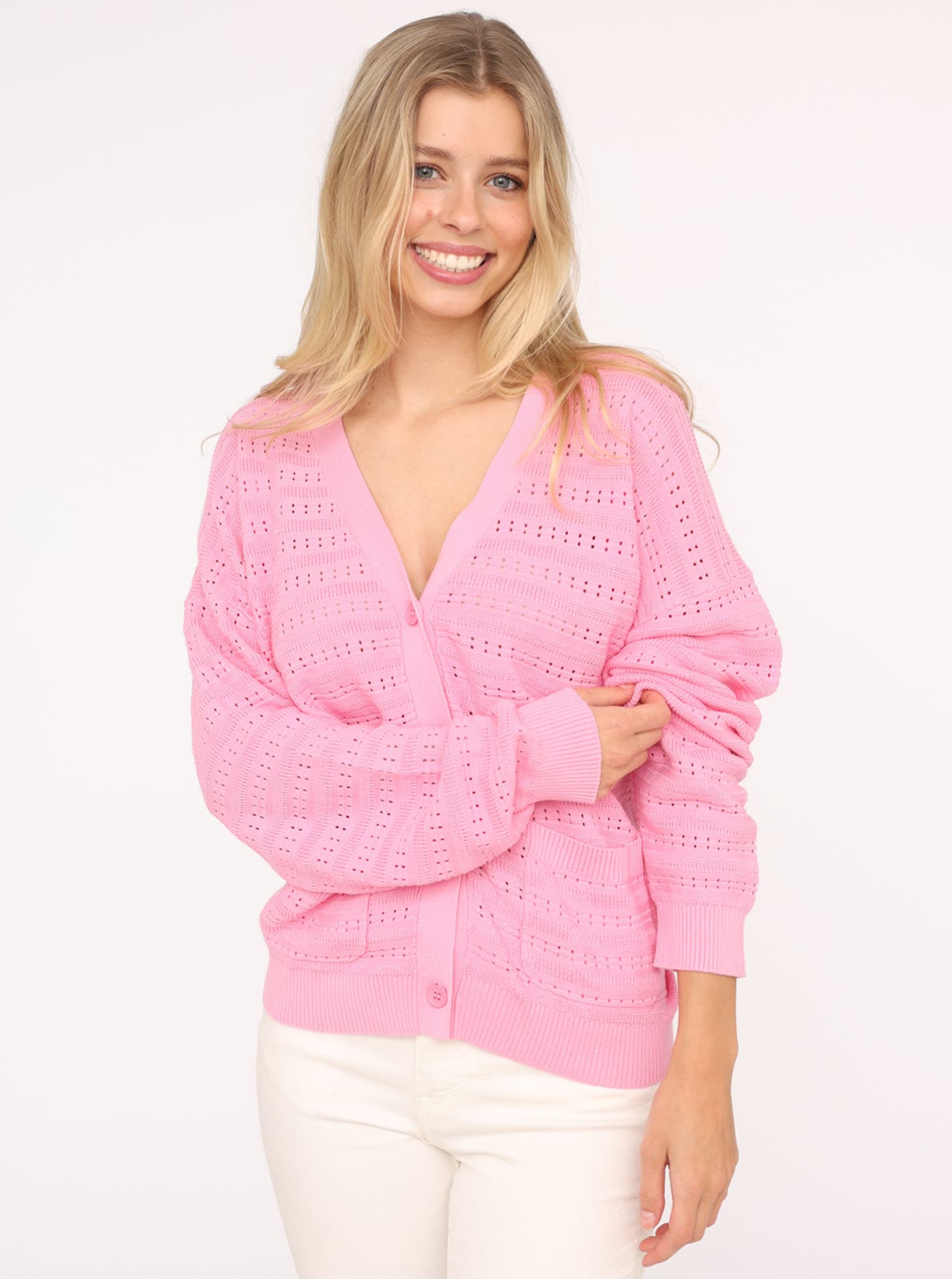 Zwillingsherz Strickjacke, Lochstrick-Muster, Langarm, Knöpfe, V-Ausschnitt, Baumwollanteil