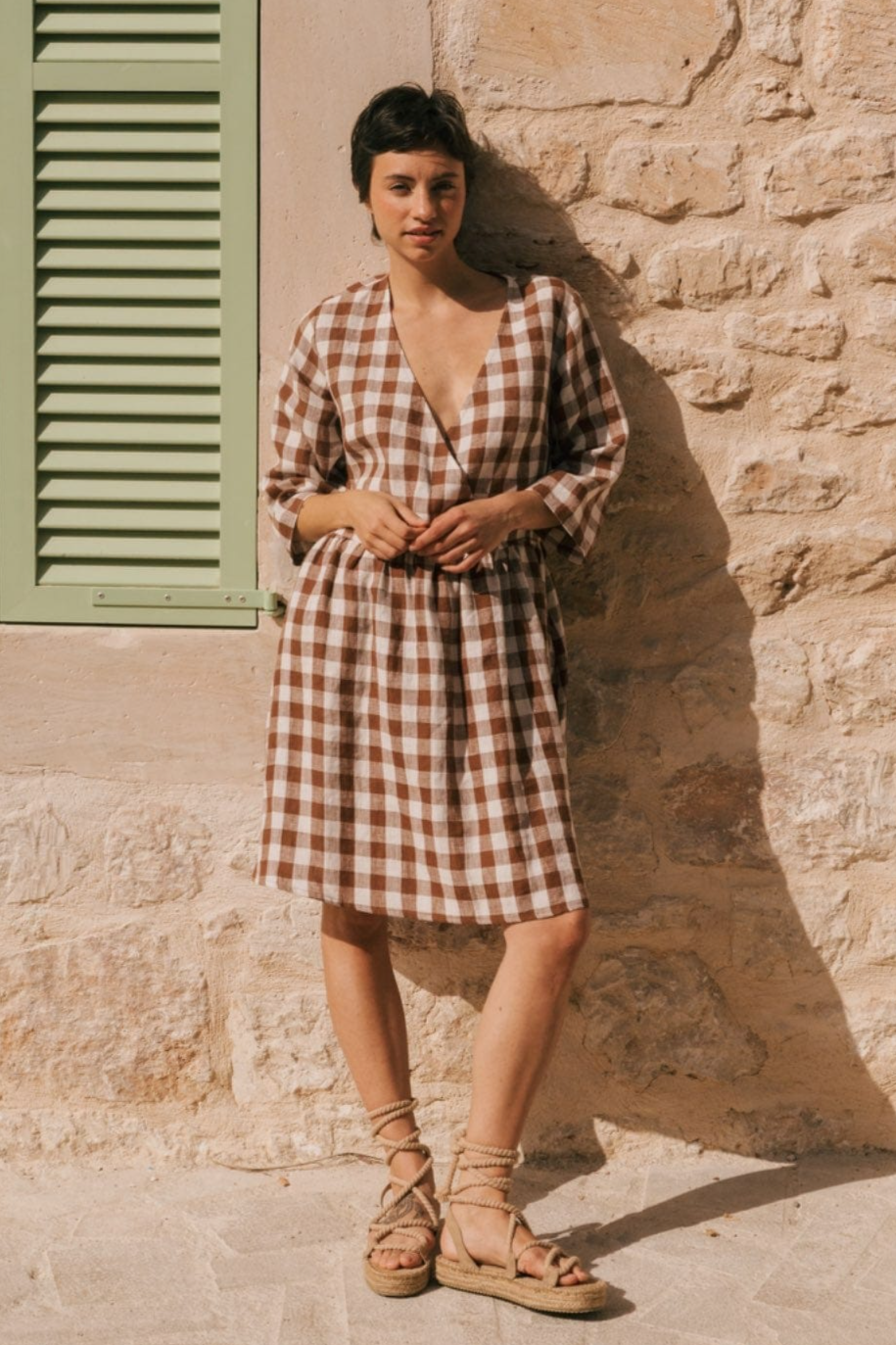 AmourLinen Damen vegan Kleid Daphne Mocha Gingham