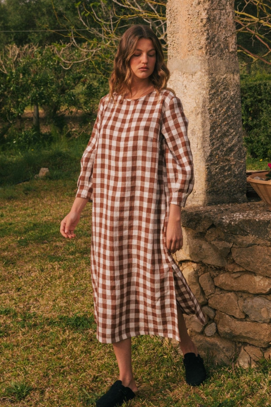 AmourLinen Damen vegan Kleid Lang LÃ¤nge Amalia Mocha Gingham