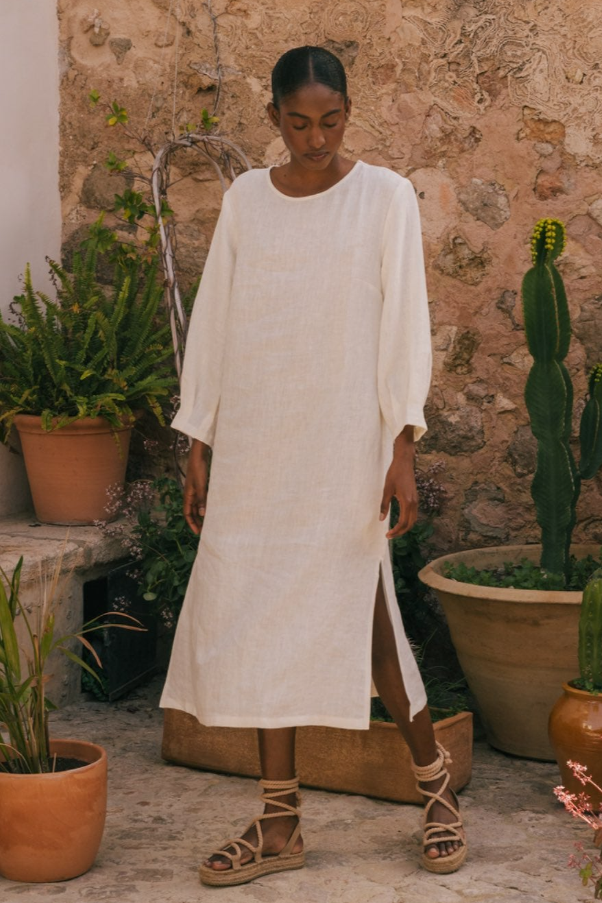 AmourLinen Damen vegan Kleid Lang LÃ¤nge Amalia Weiß