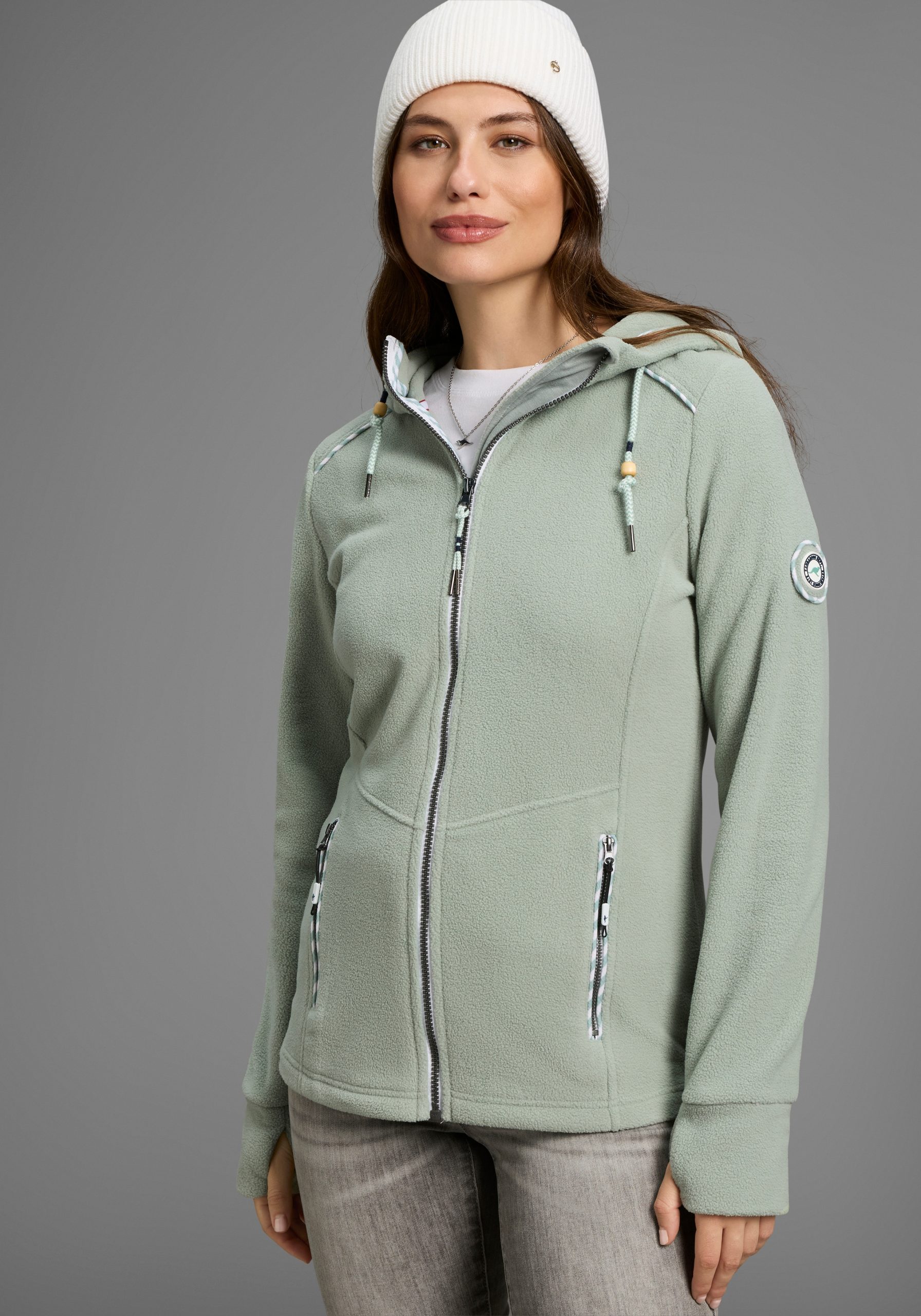 KangaROOS Fleecejacke, mit Kapuze, figurbetonte Passform, mit Kapuze und Kordelzug, Übergangsjacke