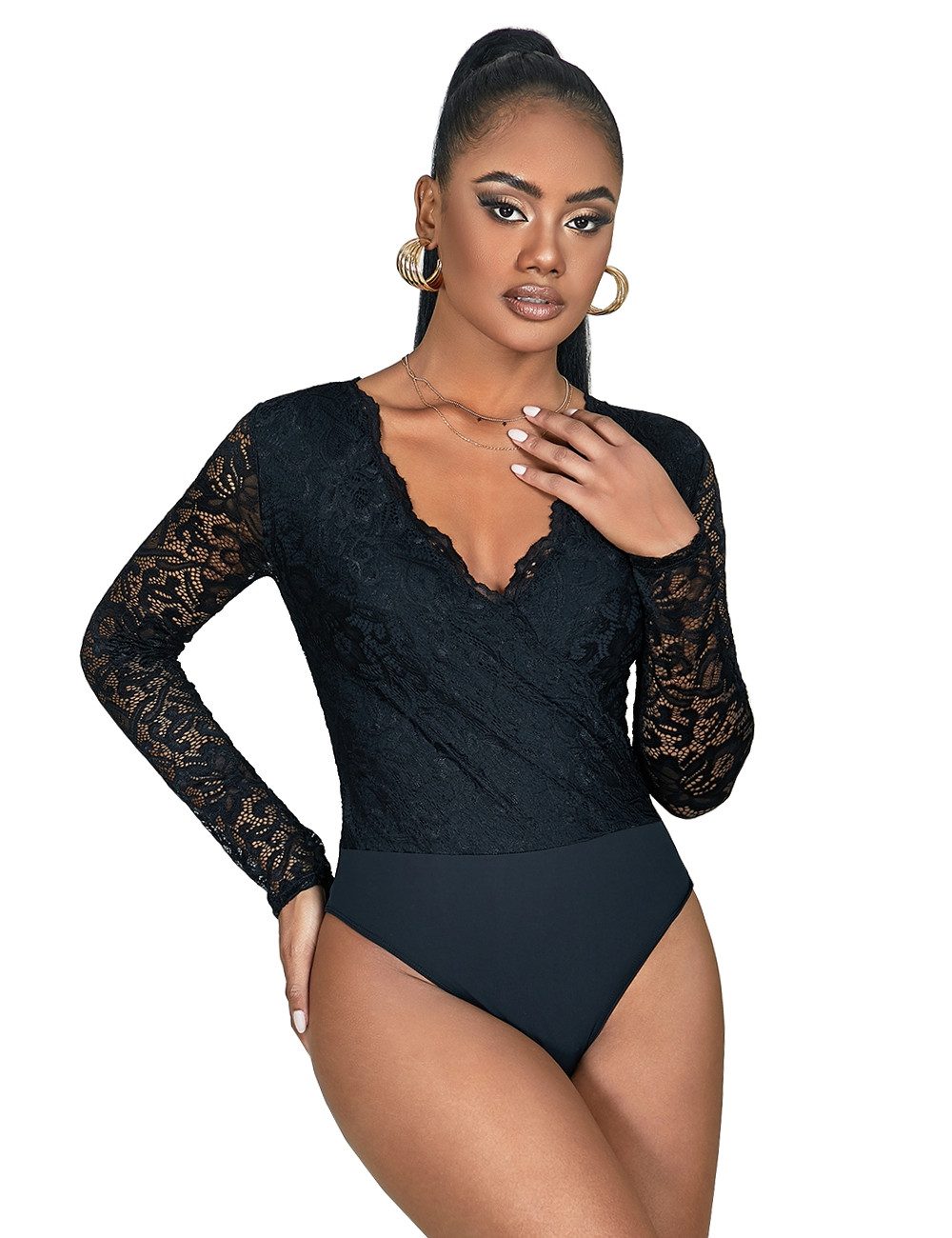Lau-Fashion Body Spitze Langarm Bodysuits Unterwäsche