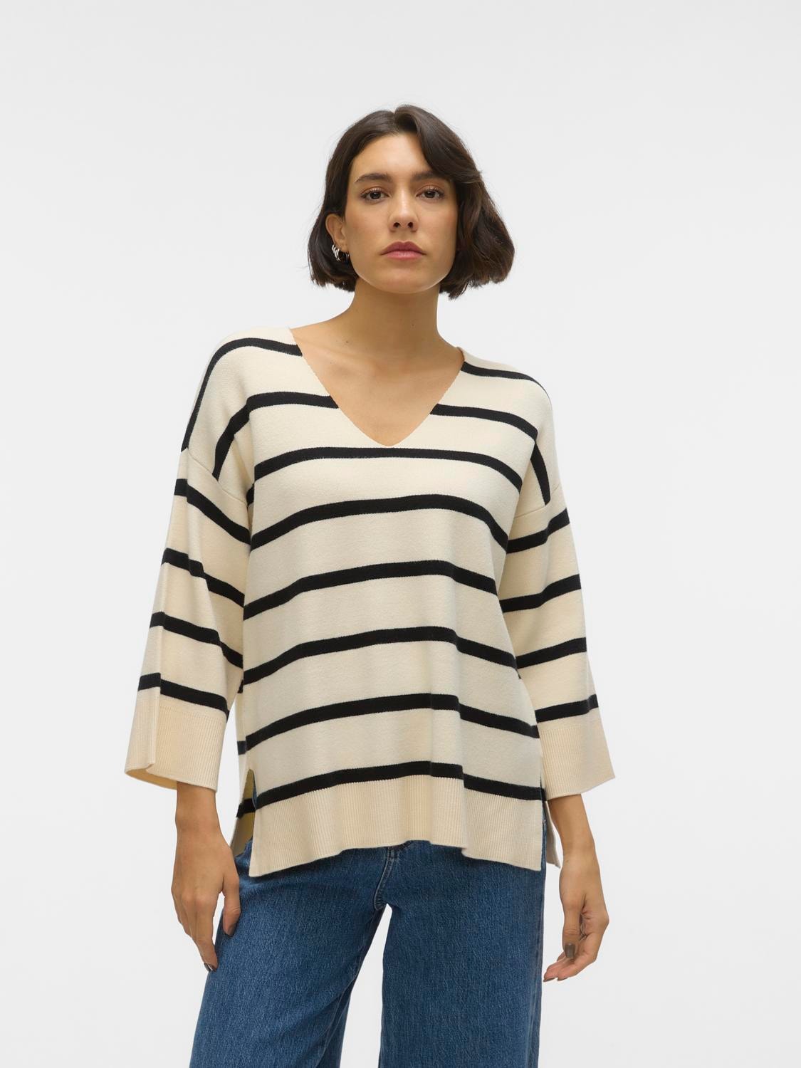 Vero Moda V-Ausschnitt-Pullover "VMSABA 3/4 V-NCK STRIPE PULLOVER GA NOOS"