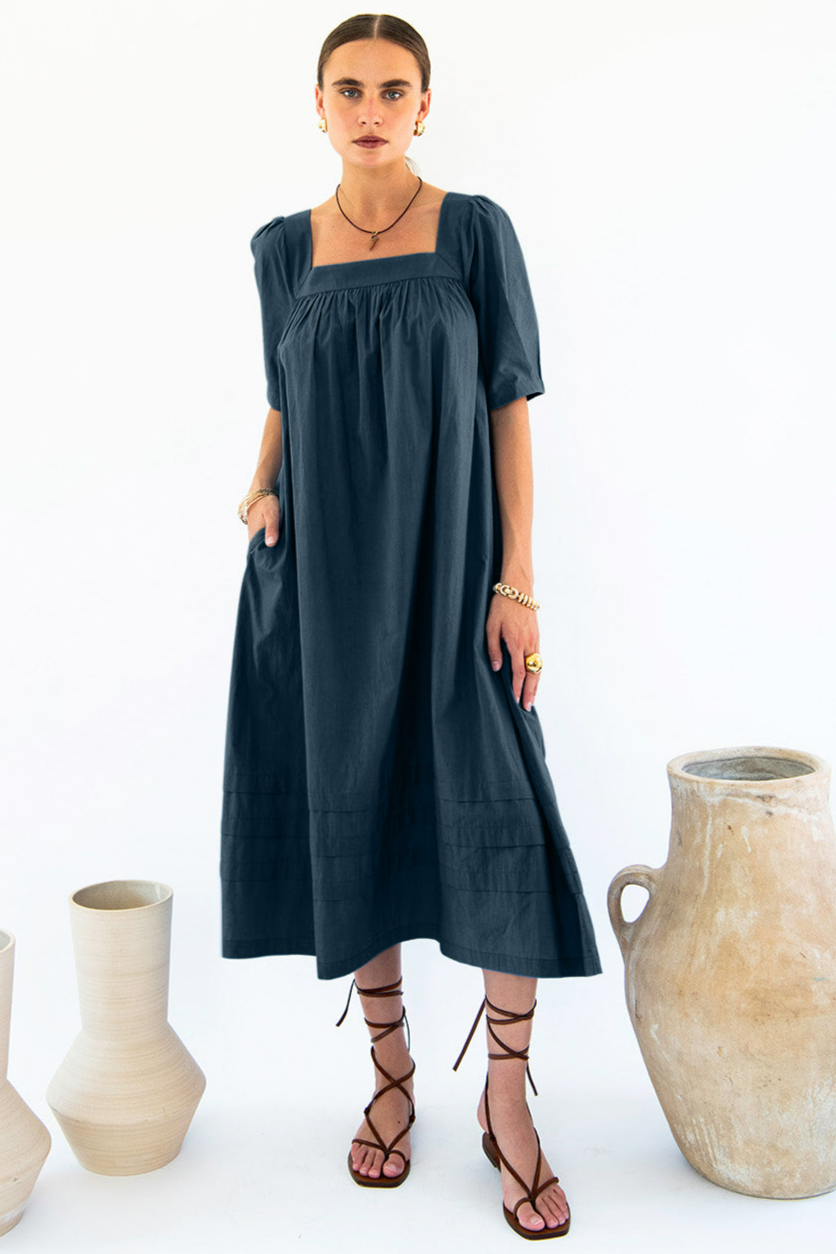 Neu Nomads Damen vegan Kleid Elisa Quadratischer Ausschnitt Mitternacht