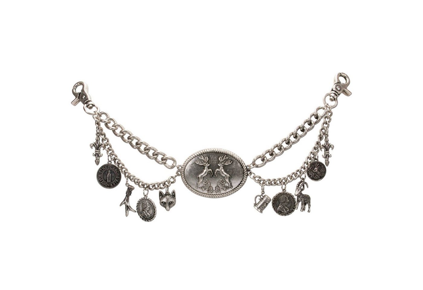 Alpenflüstern Kette mit Anhänger Trachten-Charivari Ferdi (antik-silber-farben), - Hochwertiger Herren-Trachtenschmuck mit Trophäen-Anhängern für die L