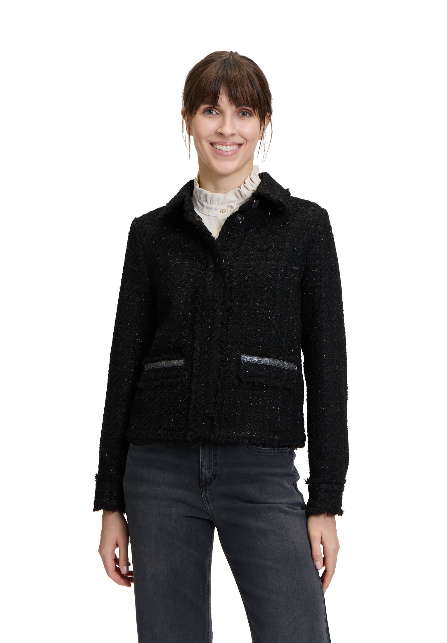 Cartoon Jackenblazer "Damen Tweedblazer mit Fransen" Aufgesteppte Bänder