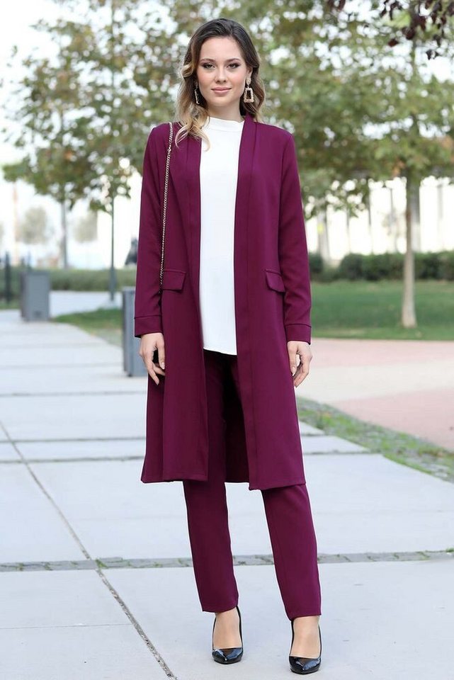 Modavitrini Hosenanzug Zweiteiler Damen Anzug Langarm Longblazer mit Hose Modest Fashion (Anzug Set) Offene Front ohne Verschluss