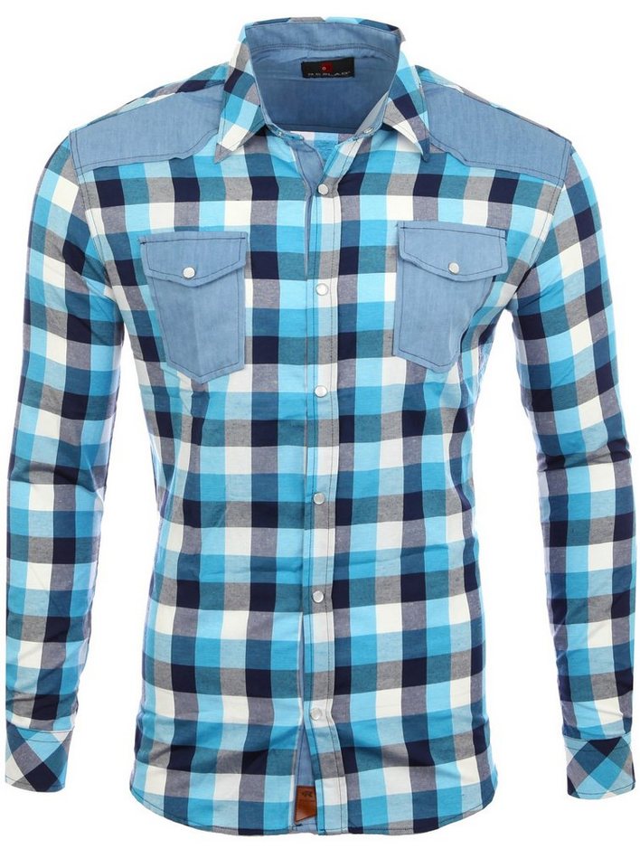Reslad Langarmhemd Reslad Herren Hemd Karo Material-Mix Jeans RS-7202 (Herrenhemd) kariertes Herrenhemd Material-Mix