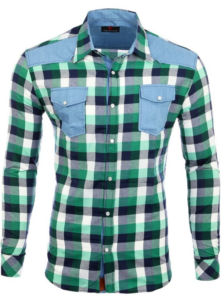 Reslad Langarmhemd Reslad Herren Hemd Karo Material-Mix Jeans RS-7202 kariertes Herrenhemd Material-Mix