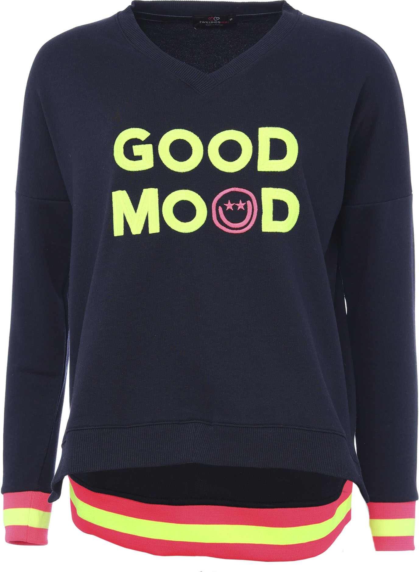 Zwillingsherz Sweatshirt, Langarm, Neon-Details, V-Ausschnitt, Schriftzug