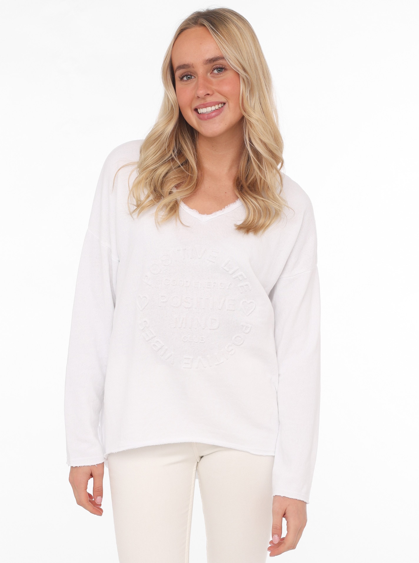 Zwillingsherz Sweatshirt ""Positive Mind"", ausgefranster V-Ausschnitt, Used Look, Langarm, Schriftzug