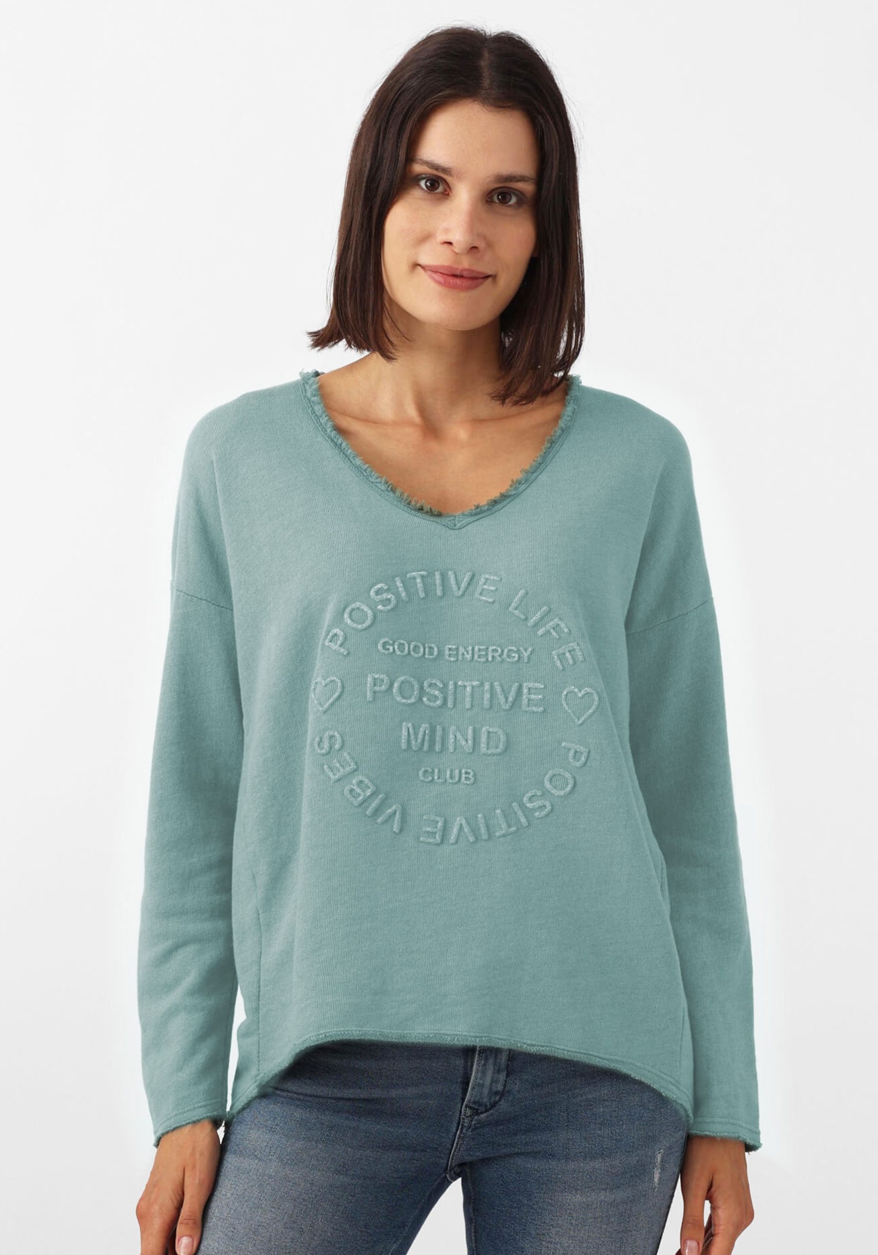 Zwillingsherz Sweatshirt ""Positive Mind"", ausgefranster V-Ausschnitt, Used Look, Langarm, Schriftzug