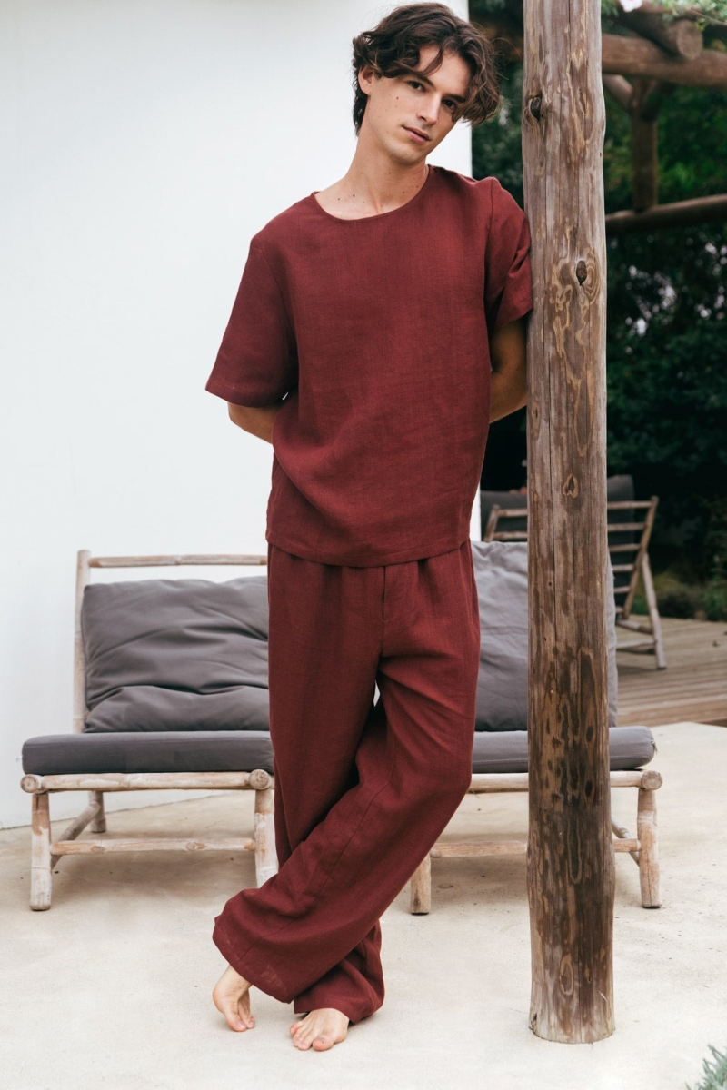 AmourLinen Herren vegan Set Pyjama Kurzarm Leo Terracotta