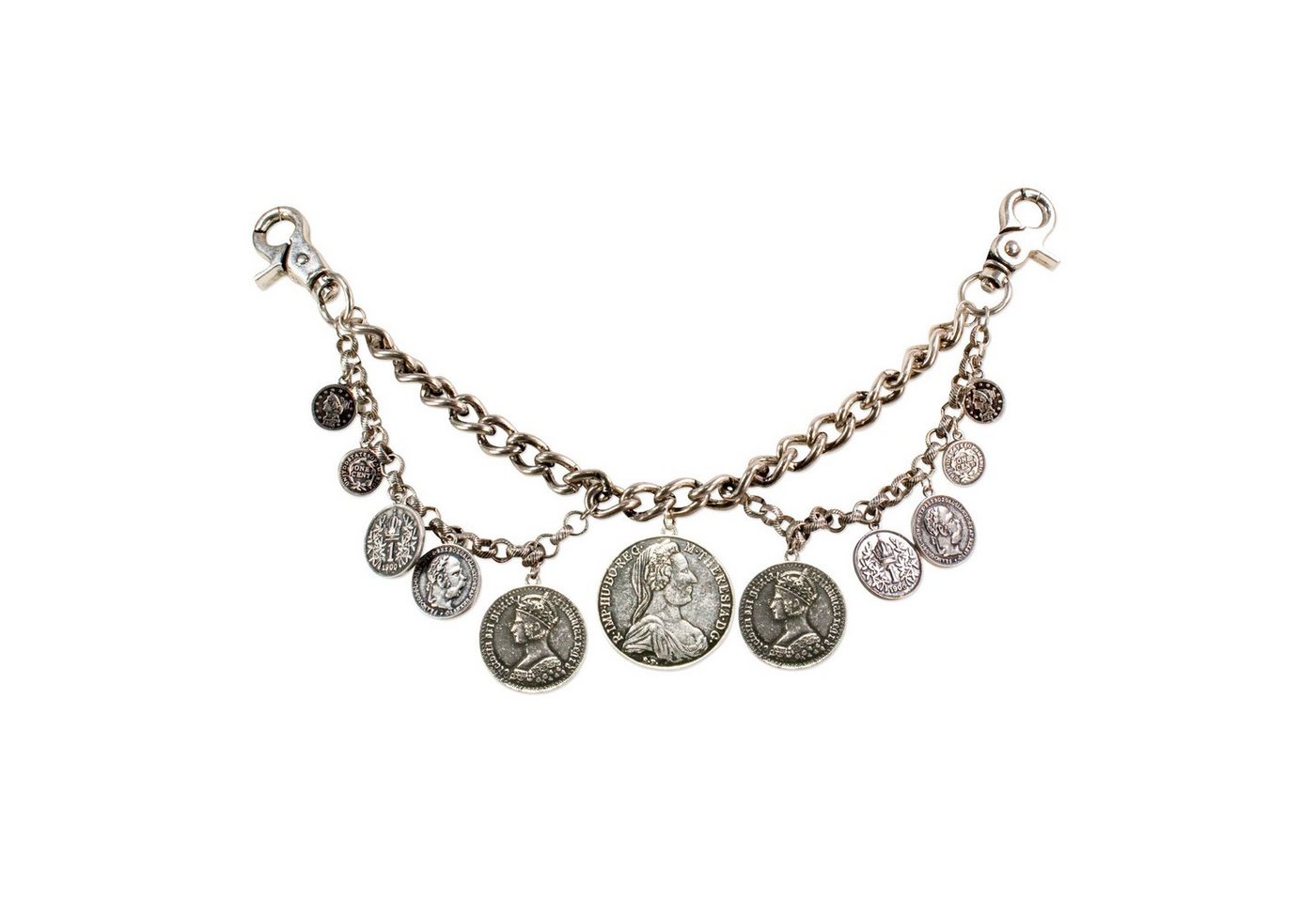 Alpenflüstern Kette mit Anhänger Trachten-Charivari Münzen (antik-silber-farben), - Hochwertiger Herren-Trachtenschmuck mit Münz-Anhängern für die Leder