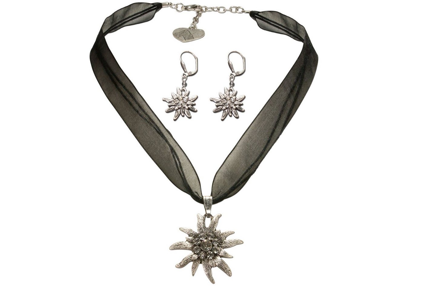 Alpenflüstern Ketten-Set Trachtenschmuck-Set Organza-Trachtenkette und Ohrhänger Strass-Edelweiß (schwarz), - Damen-Trachten-Schmuck, Trachtenset Dirndl-Kette und Trachten-Ohrringe