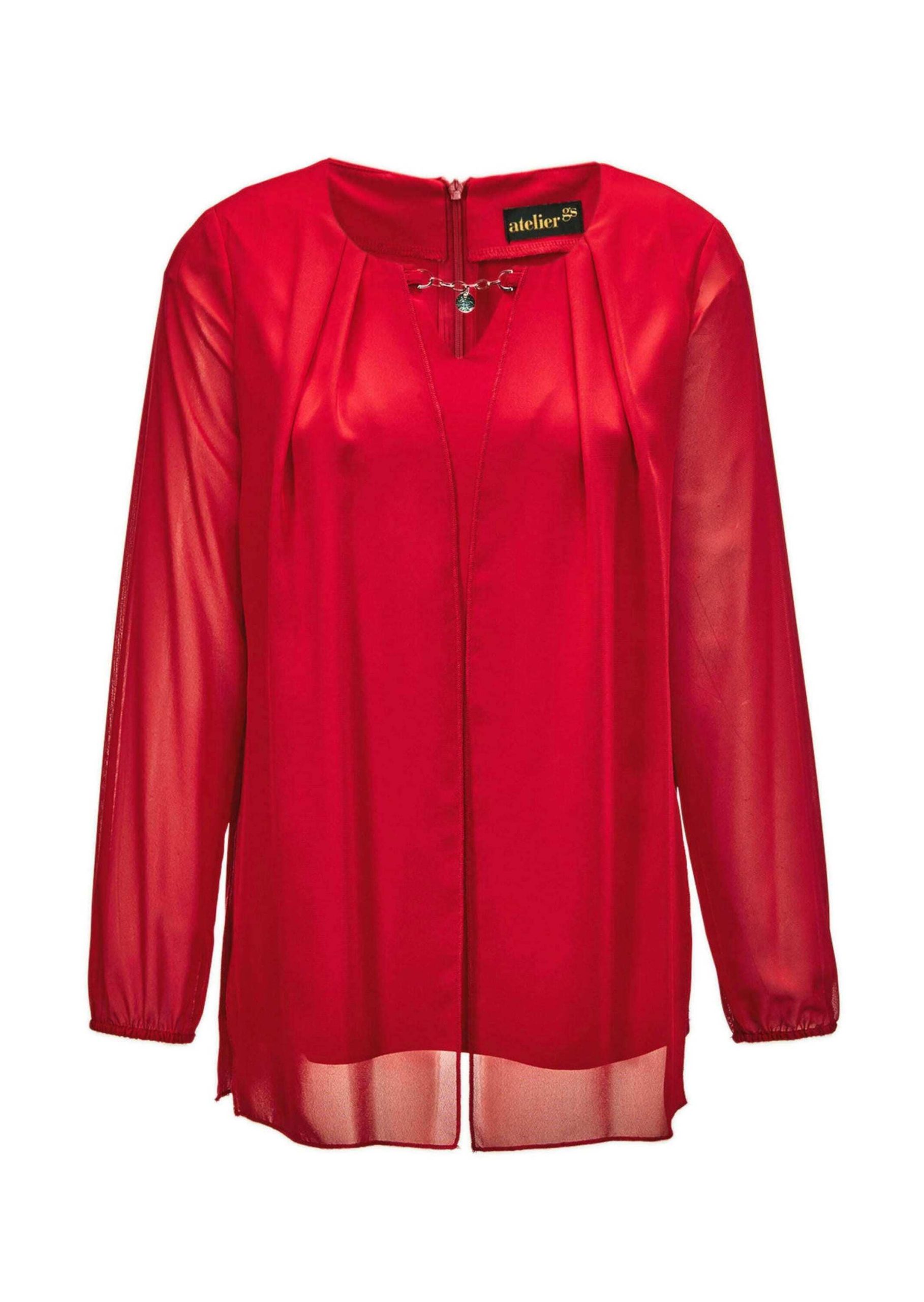 GOLDNER Kurzarmbluse "Kurzgröße Festliche Bluse mit Chiffonüberwurf und Schmuckelement"