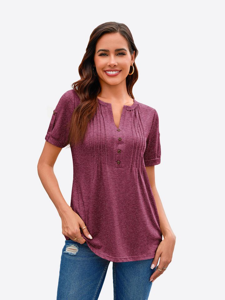 Imily Bela Tunika Damen mit V-Ausschnitt Knöpfen A-förmigem Saum (Packung, 1-tlg., 1per-Pack) einfarbig mit Knopfleiste Falten