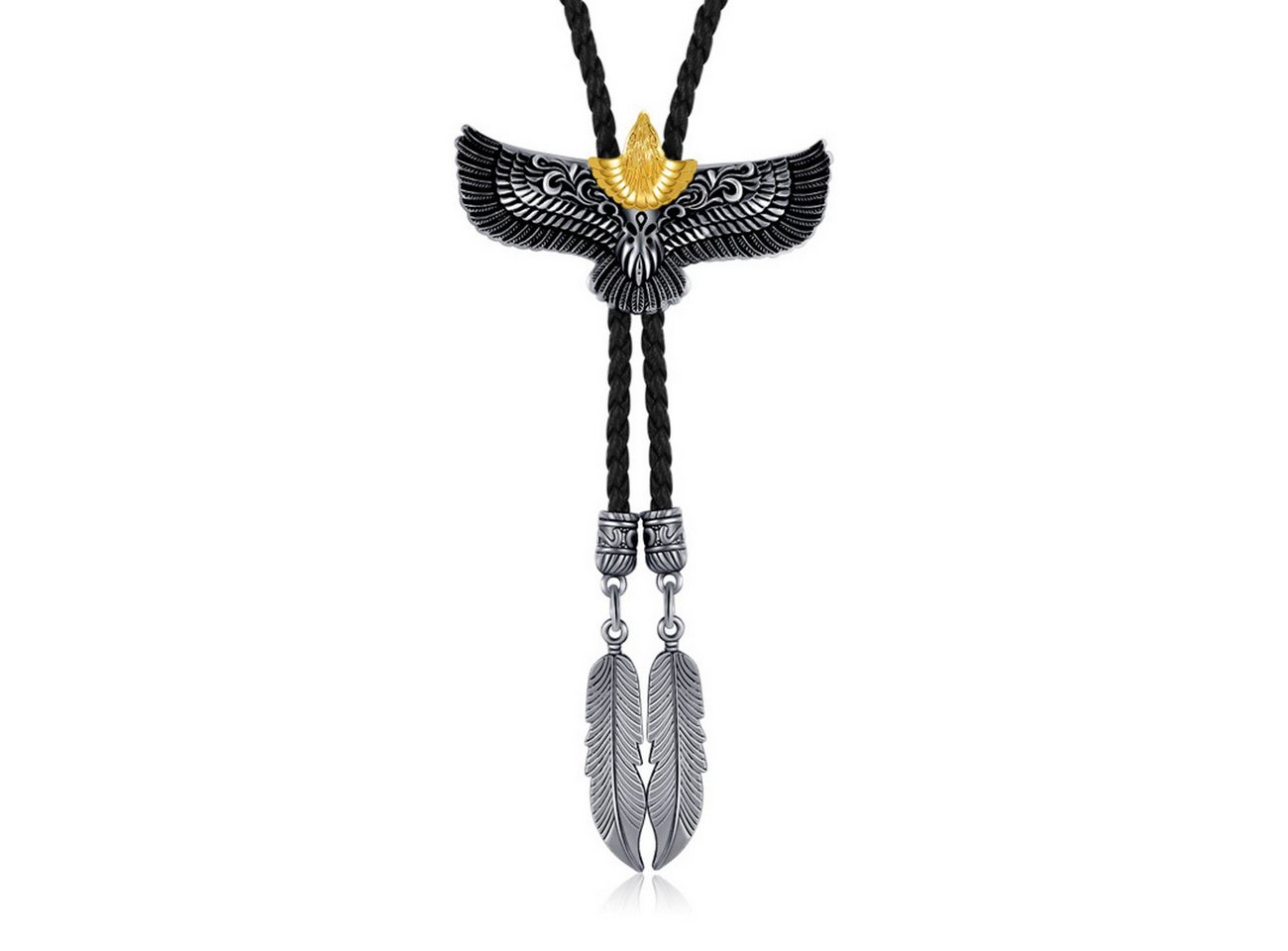 KARMA Krawatte Bolo Krawatte Herren Western Stil Adler Federn 110 cm verstellbar (Schnurkrawatte Cowboykrawatte, für Festival, Party, Country-Outfits und Trachtenmode) Cowboy Kette Bolotie Textilband Metallanhänger