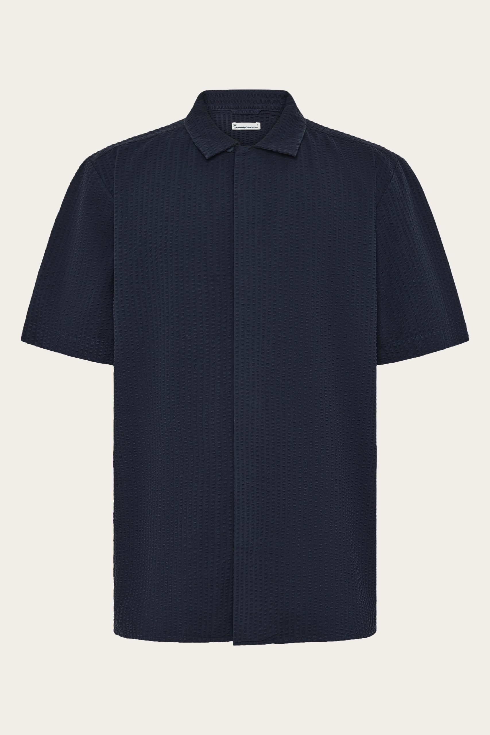 KnowledgeCotton Apparel Herren vegan Hemd Herren Relaxed Seersucker Short Sleeve Night Sky