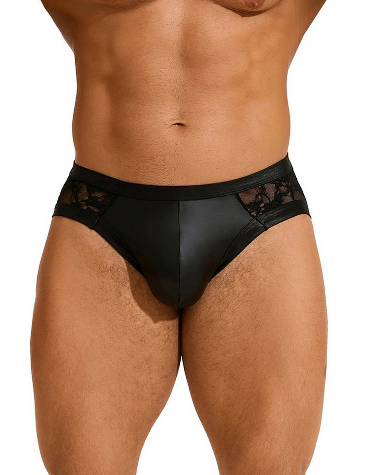 Lau-Fashion Slip Herren Spitze Wetlook Lack Leder Slip Transparente Unterwäsche M/L/XL