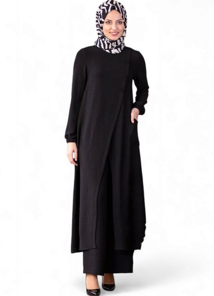 Modavitrini Longtunika Eleganter Damen Zweiteiler mit weiter Hose - Hijab Modest Fashion (Zweiteiliges Set - Longtunika und Hose) dekorative Knöpfe, weites Hosenbein