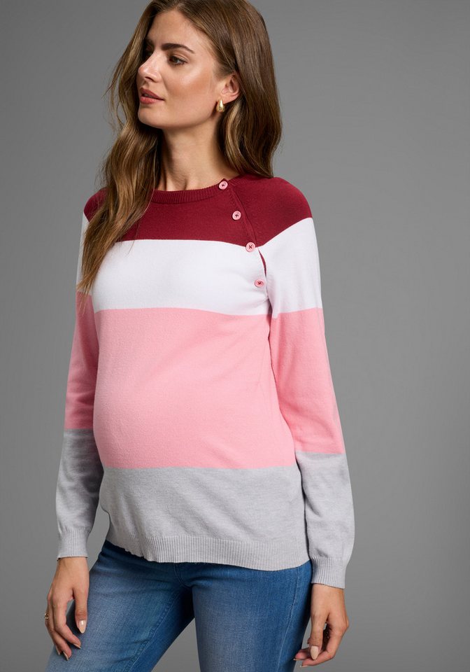 Neun Monate Strickpullover Ringel-Pullover für Schwangerschaft und Stillzeit Umstands-Pullover mit praktischer Öffnung